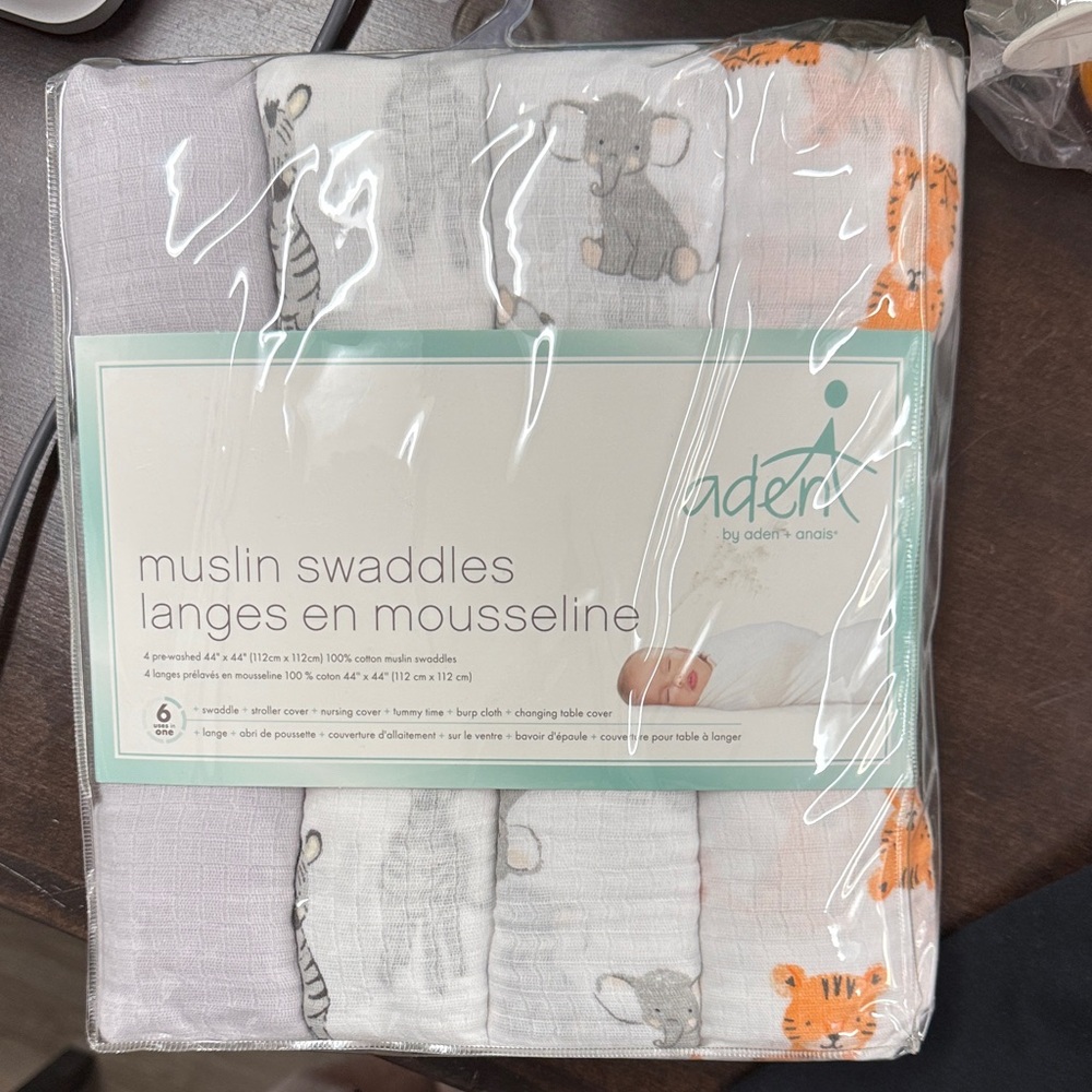 NEW 4PK aden + anais Animal Print Muslin Swaddles - Gray, Orange, White